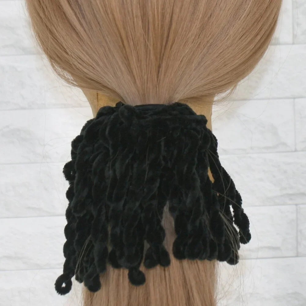 HAND CRAFTED Hair Scrunchie Fringe Crochet Kids Chenille Velvet Oversized Black